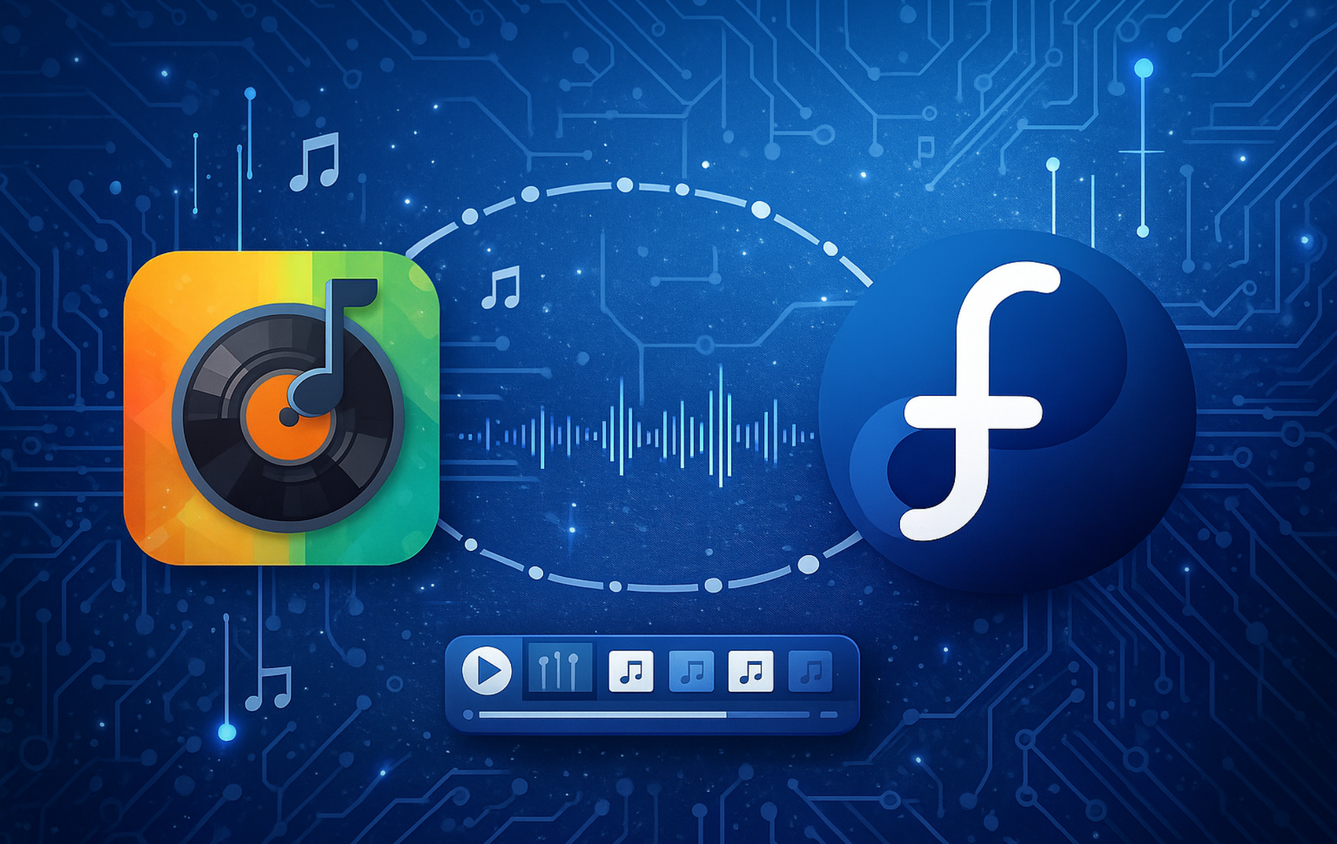 Exaile music player icon connected to Fedora logo on blue background
