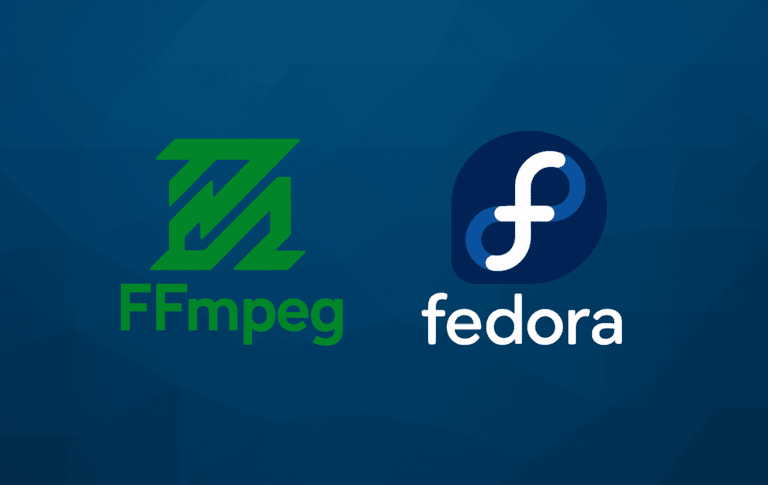 FFmpeg and Fedora Linux logos on blue background showing multimedia framework installation