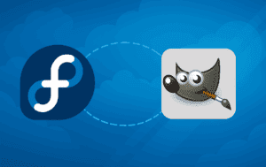 Fedora Linux logo connected to GIMP mascot Wilber holding a paintbrush on blue background showing installation relationship