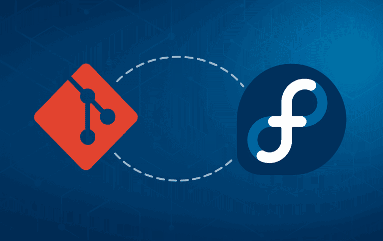 Git version control logo and Fedora Linux logo connected by a dashed line on a blue background