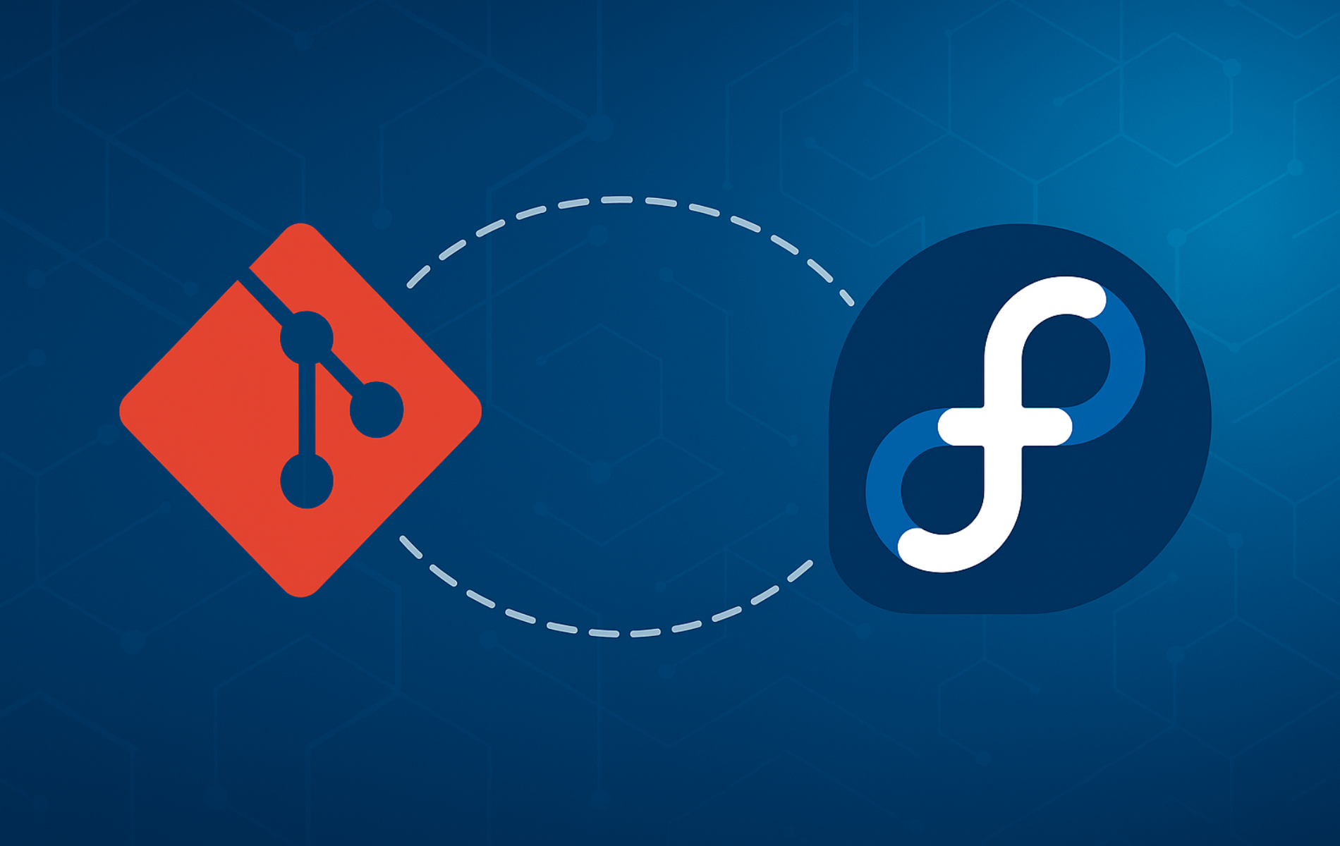 Git version control logo and Fedora Linux logo connected by a dashed line on a blue background