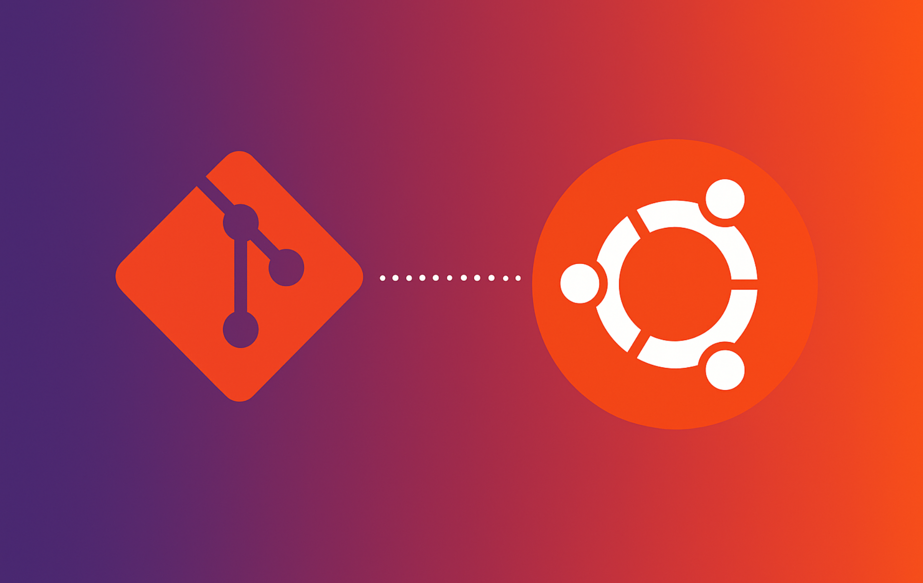 Git version control icon with branch network connecting to Ubuntu logo on gradient purple-orange background