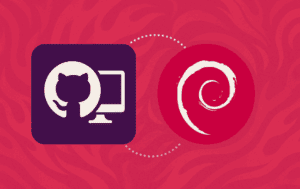 GitHub Desktop icon with Debian logo on pink gradient background showing version control workflow