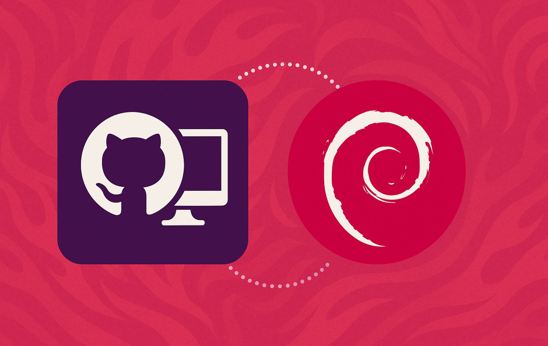 GitHub Desktop icon with Debian logo on pink gradient background showing version control workflow
