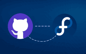 GitHub Desktop and Fedora logos connected by a dotted line on a blue background