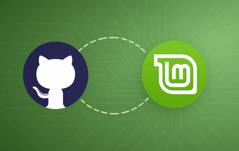 GitHub and Linux Mint logos connected with dashed line on green gradient background illustration