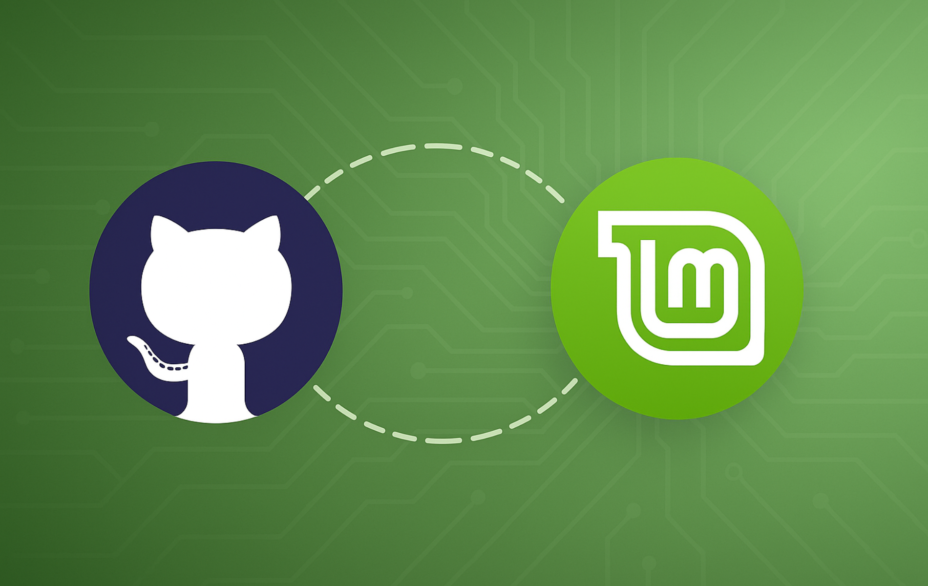 GitHub and Linux Mint logos connected with dashed line on green gradient background illustration