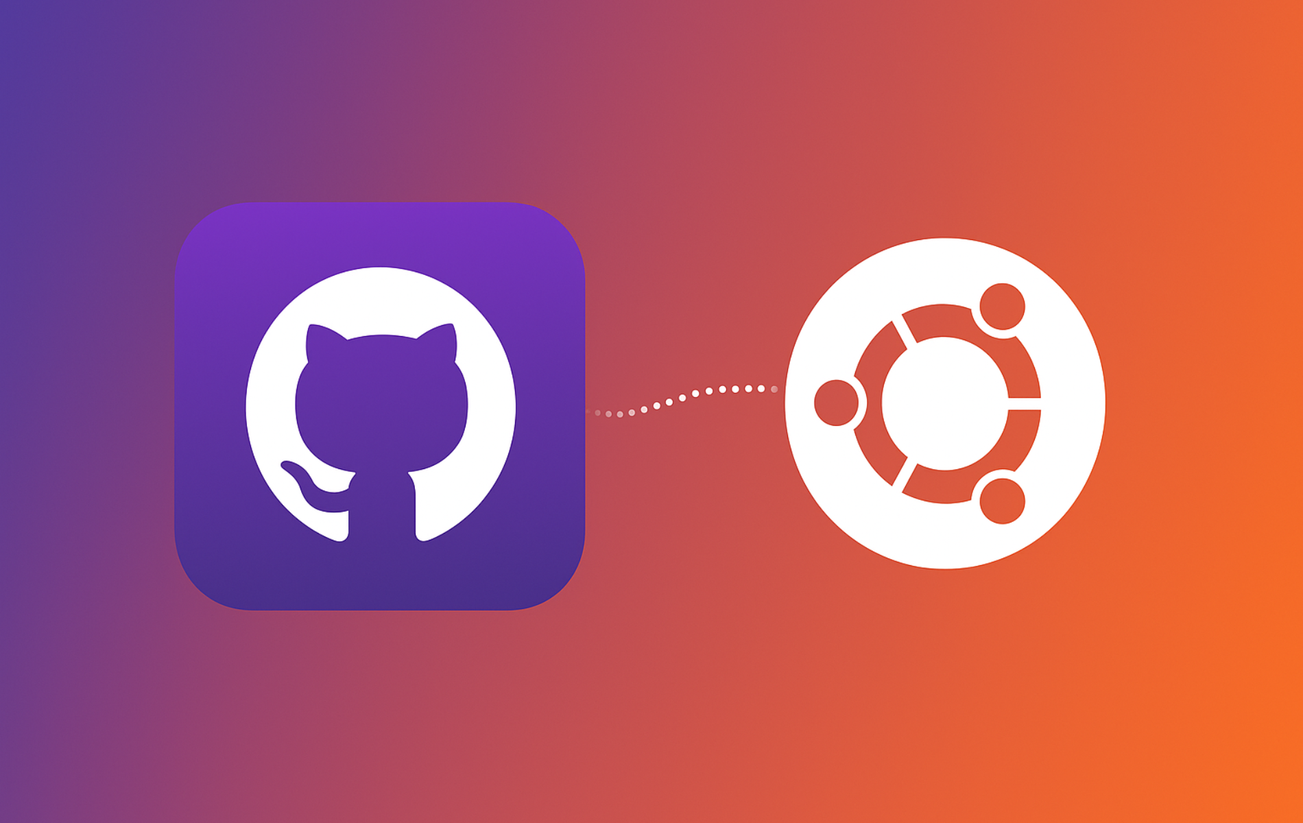 GitHub Desktop logo connecting to the Ubuntu logo on a purple and orange gradient background