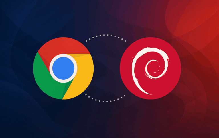 Google Chrome and Debian logos connected on a dark gradient background.