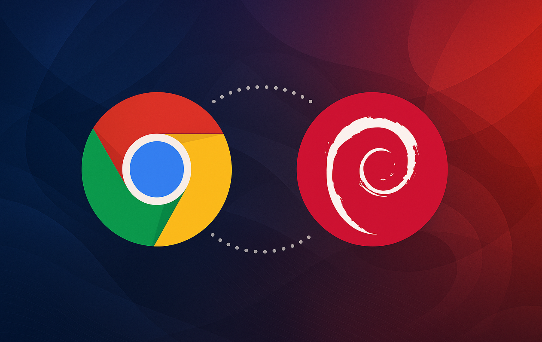 Google Chrome logo connected to Debian logo with dotted line on gradient background