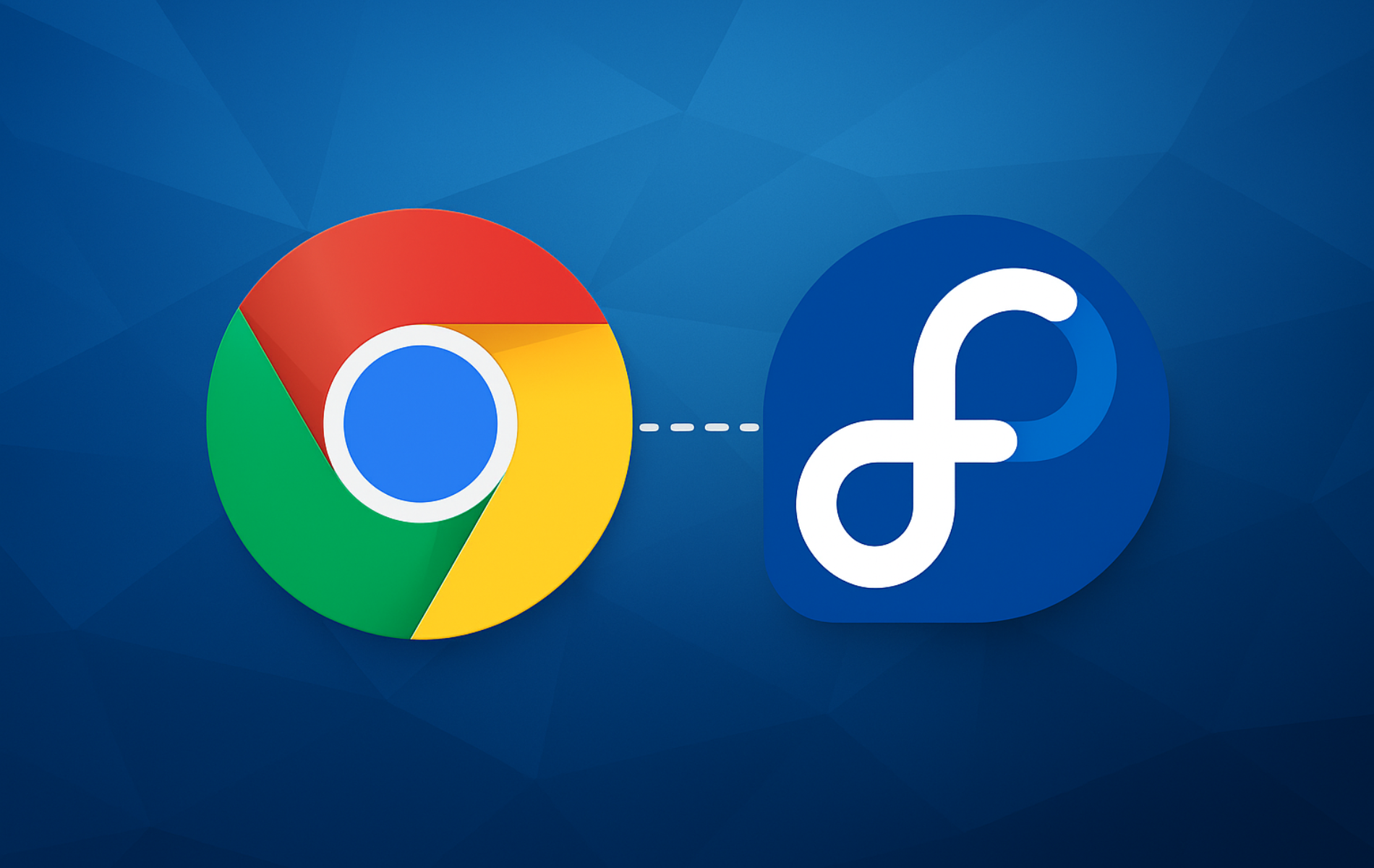 Google Chrome and Fedora logo connected with a dashed line on a blue gradient background