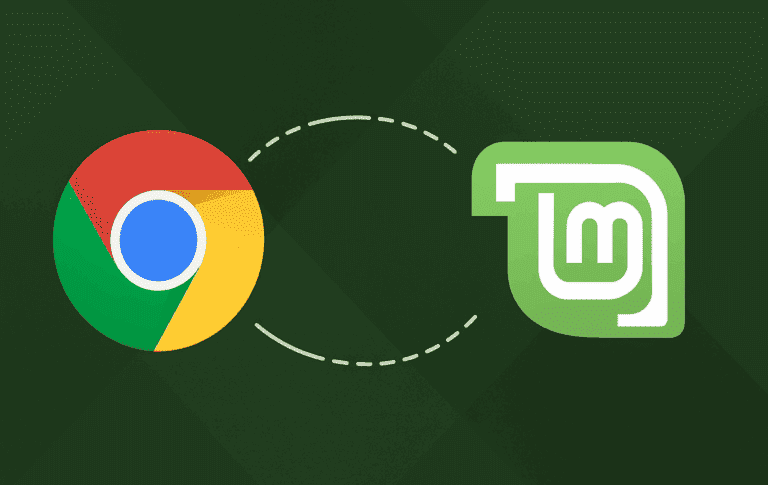 Google Chrome and Linux Mint logos connected by dotted line on dark green background