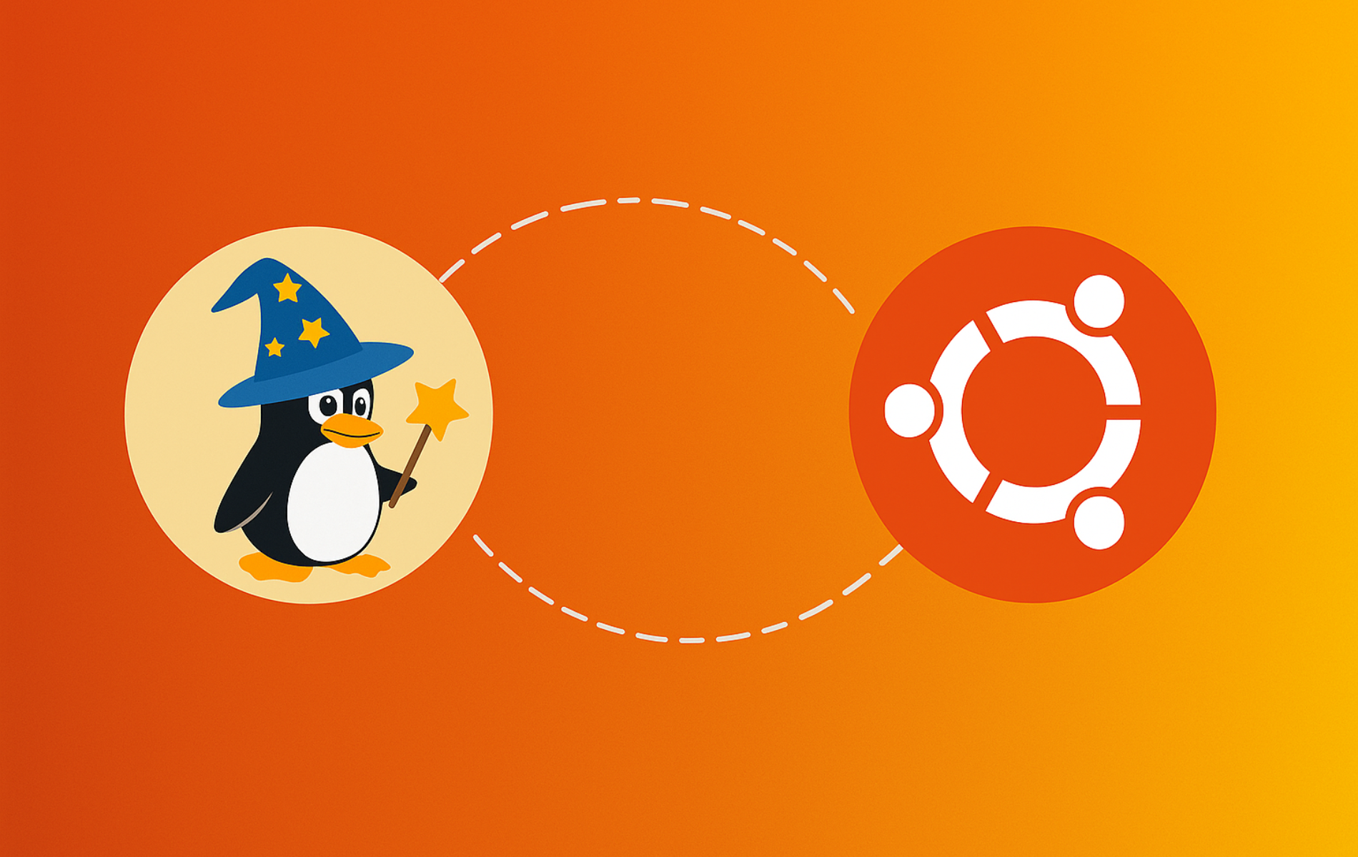 ImageMagick logo with wizard penguin connected to Ubuntu logo on orange gradient background