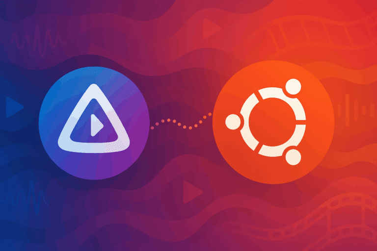 Jellyfin Media Server logo connected to Ubuntu logo on gradient background representing streaming server installation