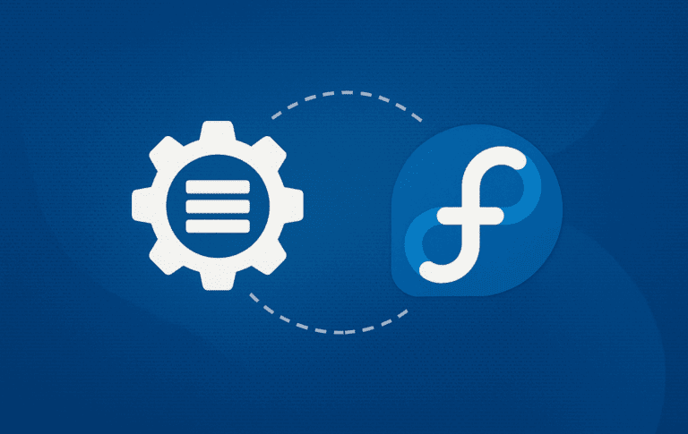 White gear icon with horizontal lines and Fedora Linux logo connected by dotted line on dark blue background
