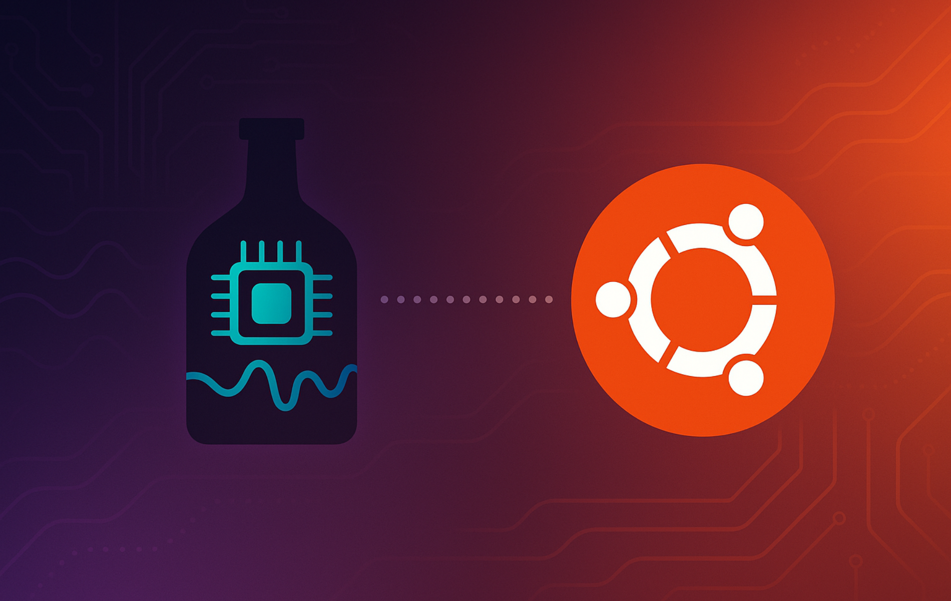 Liquorix Kernel bottle with microchip and waveform connecting to Ubuntu logo on gradient background