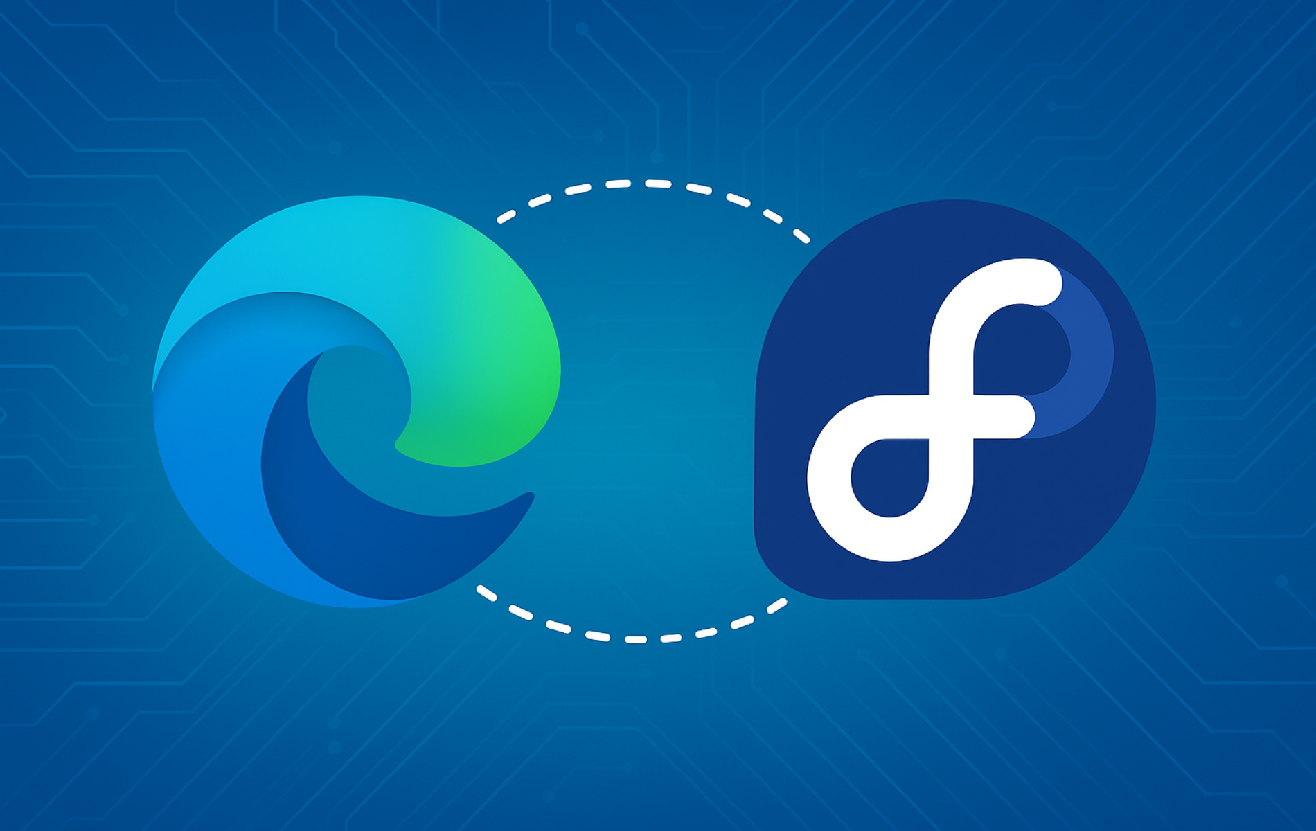 Microsoft Edge and Fedora logos connected by dashed line on blue background representing browser installation guide