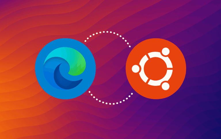 Microsoft Edge browser logo and Ubuntu operating system logo connected by dotted line on gradient background