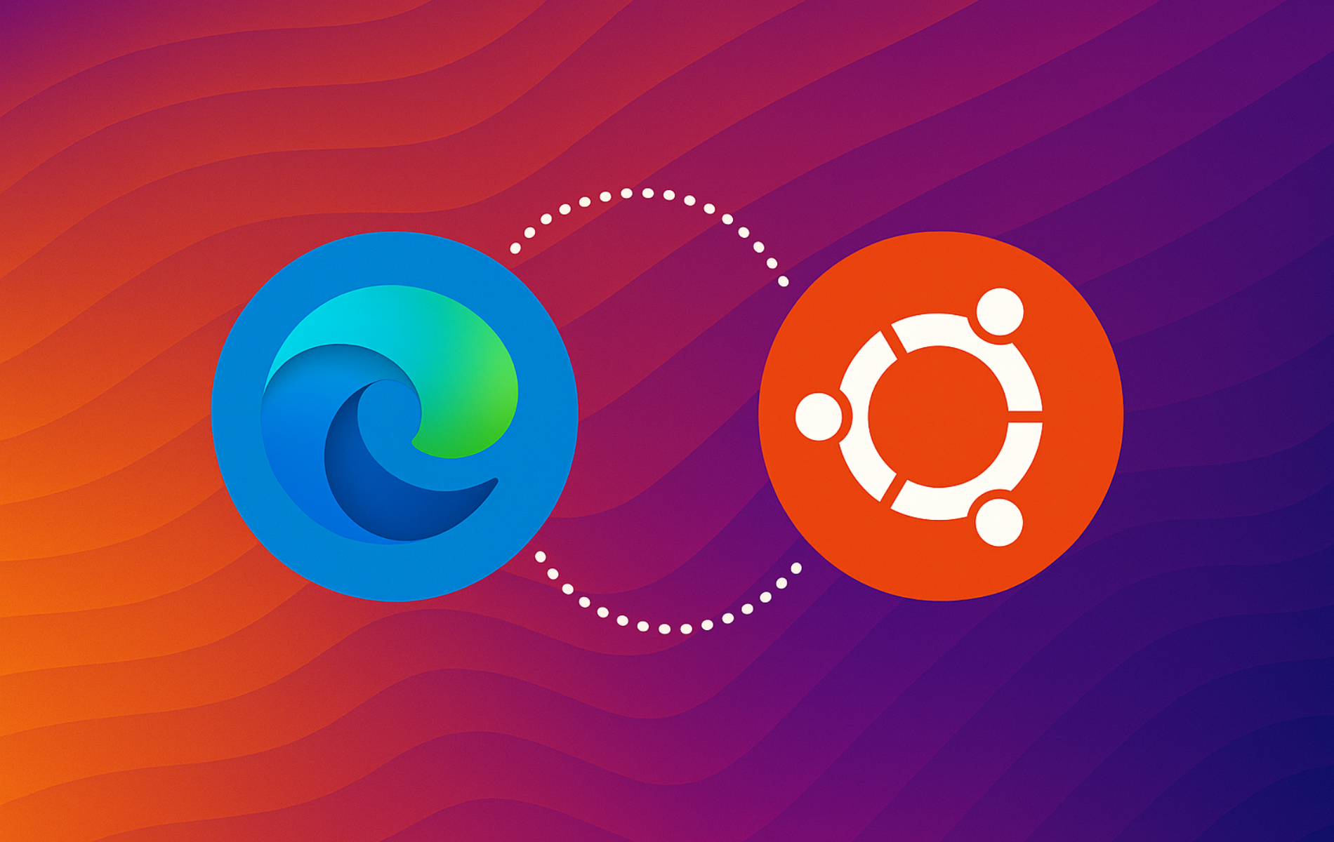 Microsoft Edge browser logo and Ubuntu operating system logo connected by dotted line on gradient background