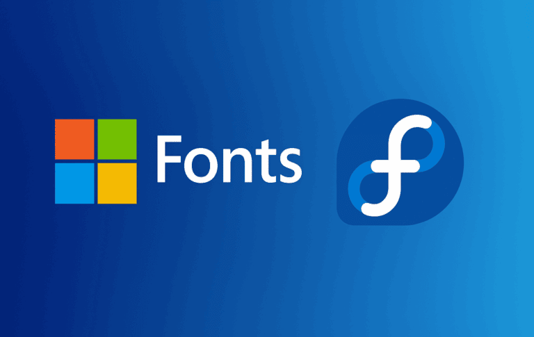 Microsoft Windows logo and Fedora Linux logo on gradient blue background representing font installation
