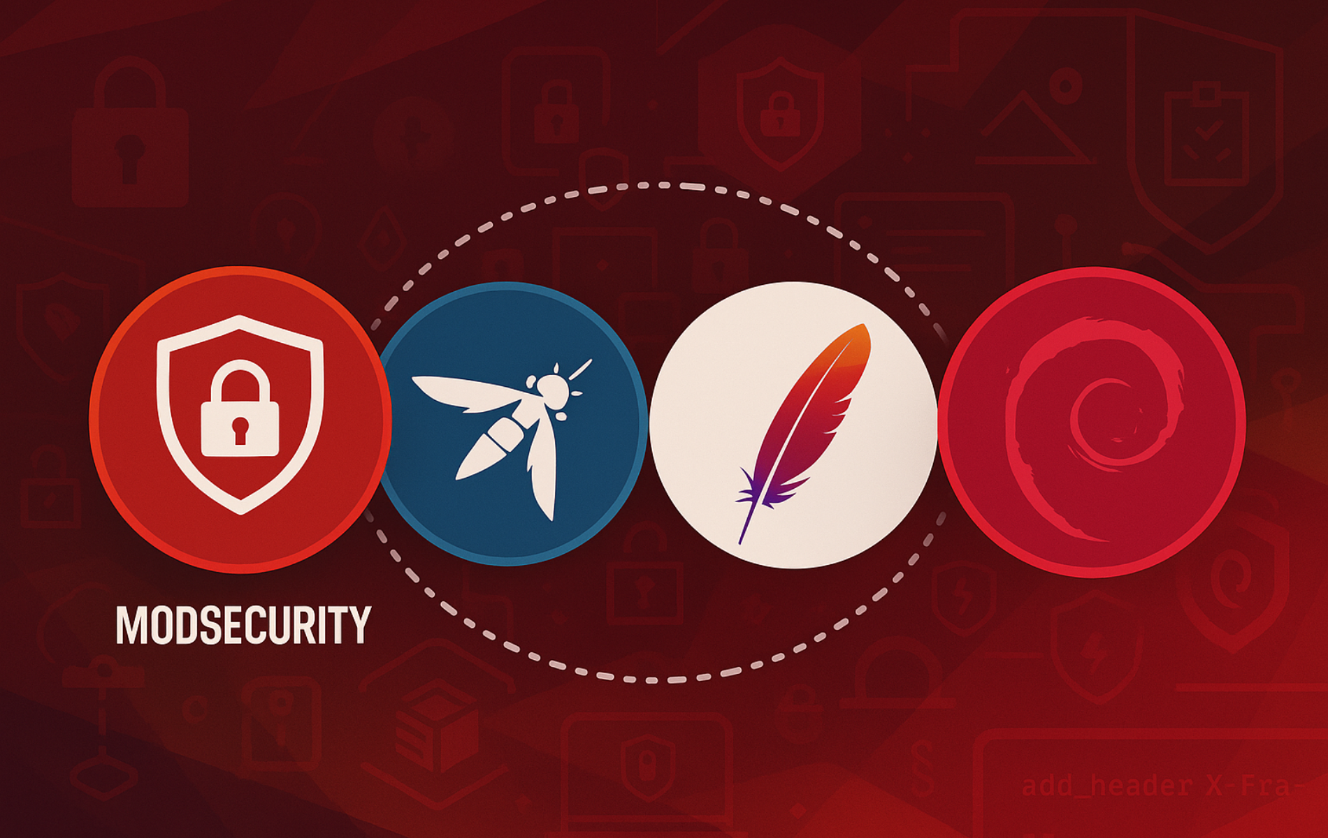 ModSecurity shield icon with Apache feather logo and OWASP security symbols on red security-themed background