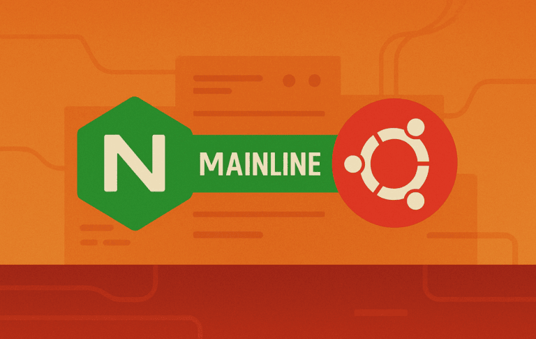 Nginx Mainline logo connected to Ubuntu logo on orange background with terminal interface elements