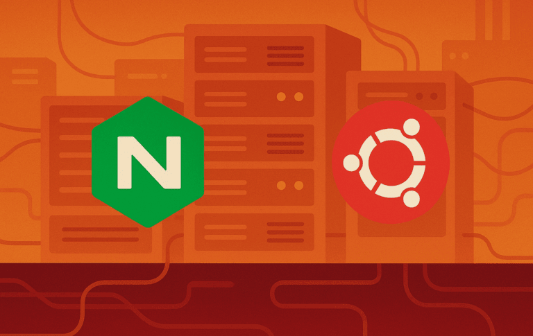 Nginx web server logo next to Ubuntu logo on orange server rack background