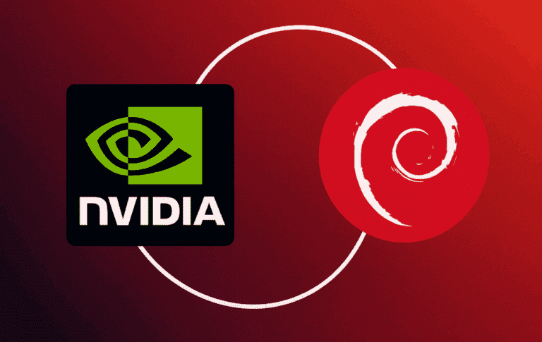 NVIDIA logo and Debian swirl connected by circular integration showing driver installation compatibility on Debian Linux