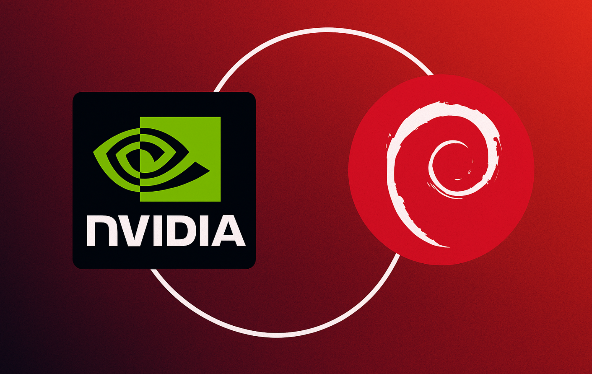 NVIDIA logo and Debian swirl connected by circular integration showing driver installation compatibility on Debian Linux