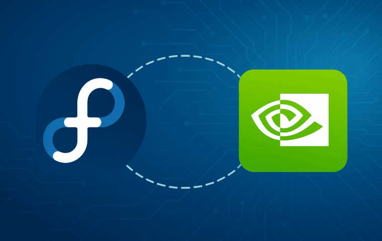 NVIDIA GeForce graphics card with Fedora Linux logo, RPM Fusion repository icon, and terminal showing nvidia-smi command output
