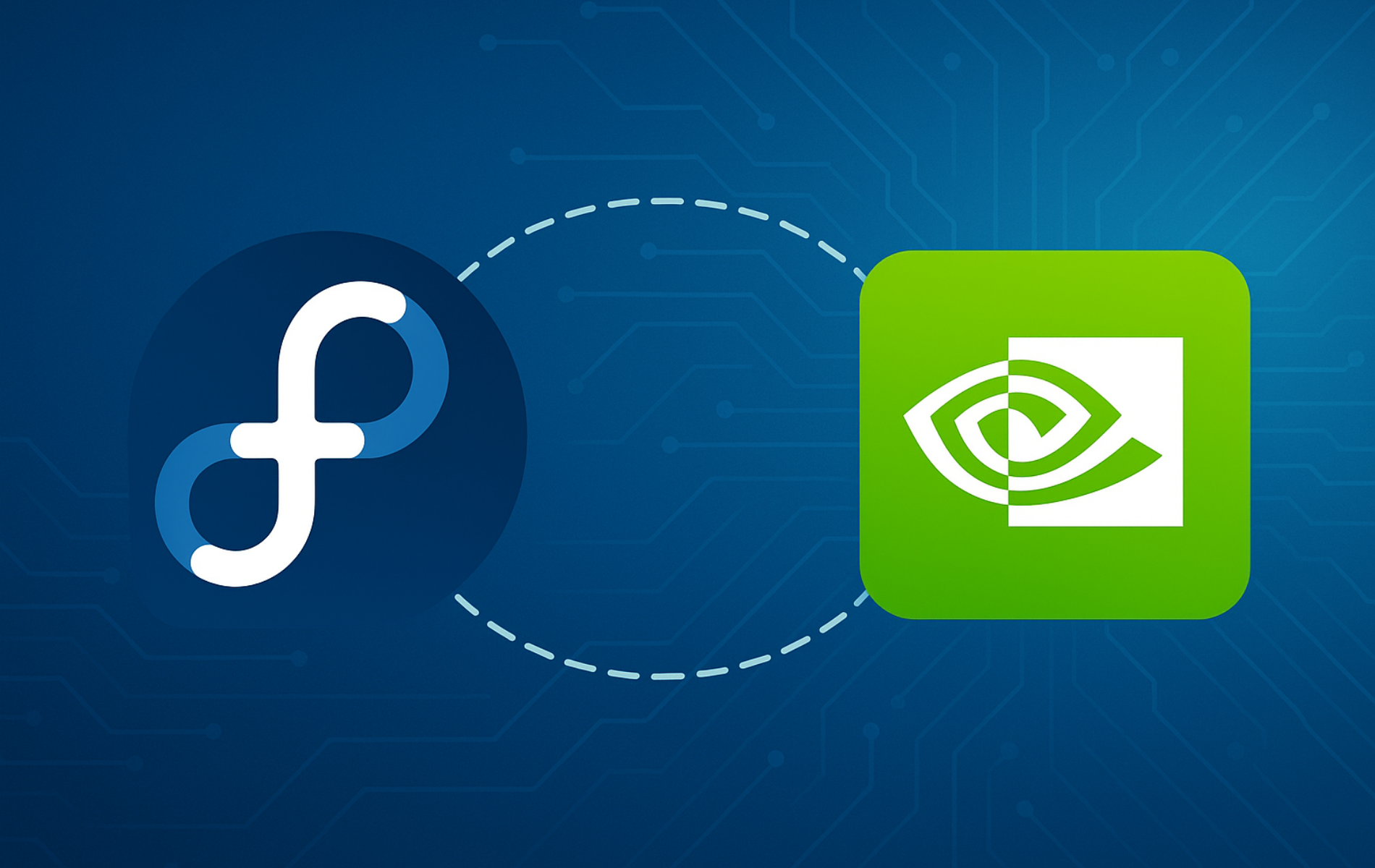 NVIDIA GeForce graphics card with Fedora Linux logo, RPM Fusion repository icon, and terminal showing nvidia-smi command output
