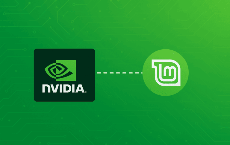 NVIDIA logo with GPU eye symbol connected to Linux Mint logo on green background