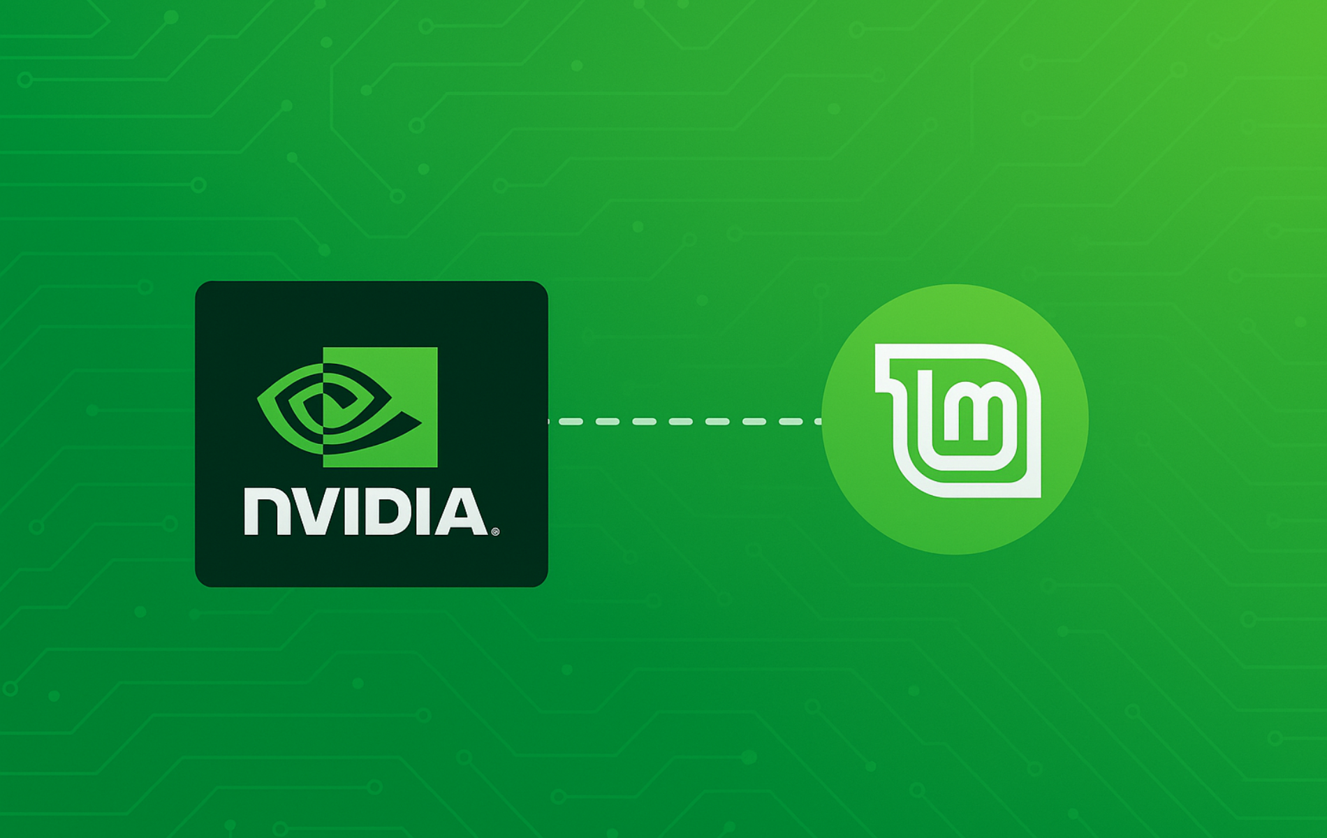 NVIDIA logo with GPU eye symbol connected to Linux Mint logo on green background