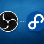 OBS Studio and Fedora logos on a blue background, indicating installation on Fedora Linux.
