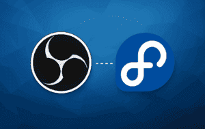 OBS Studio and Fedora logos on a blue background, indicating installation on Fedora Linux.