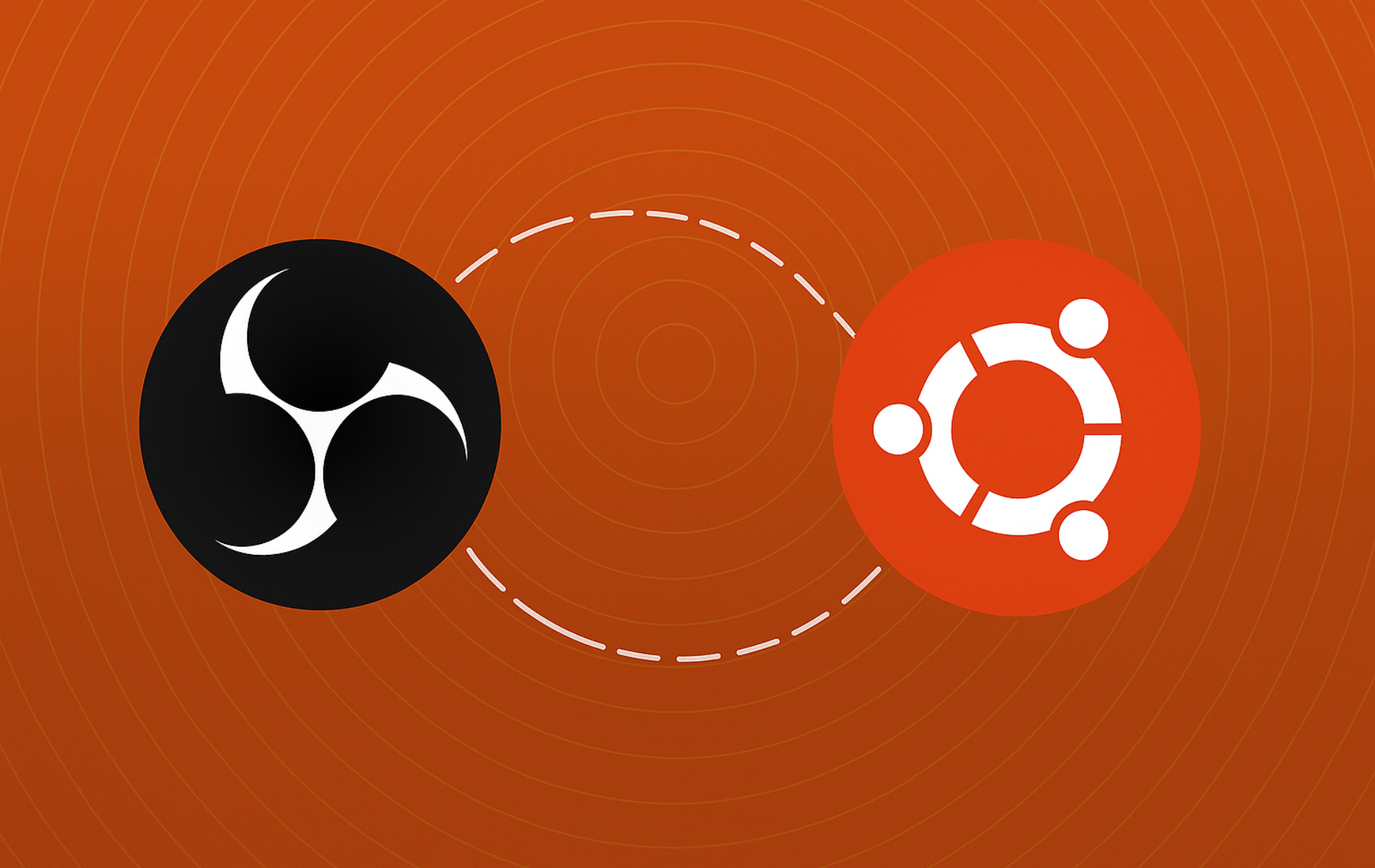 OBS Studio and Ubuntu logos connected by a dashed line on orange background