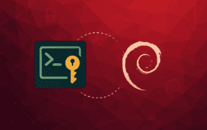 Terminal window with SSH command prompt, golden key icon, and Debian logo connected by secure encrypted connection line