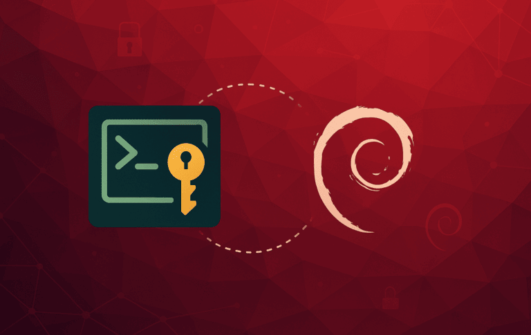 Terminal window with SSH command prompt, golden key icon, and Debian logo connected by secure encrypted connection line