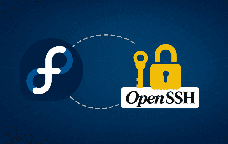 Fedora Linux logo with OpenSSH security emblem showing encrypted remote connection setup