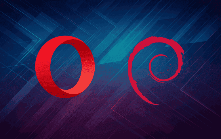 Opera browser logo with red O and stylized swirl on blue gradient tech background