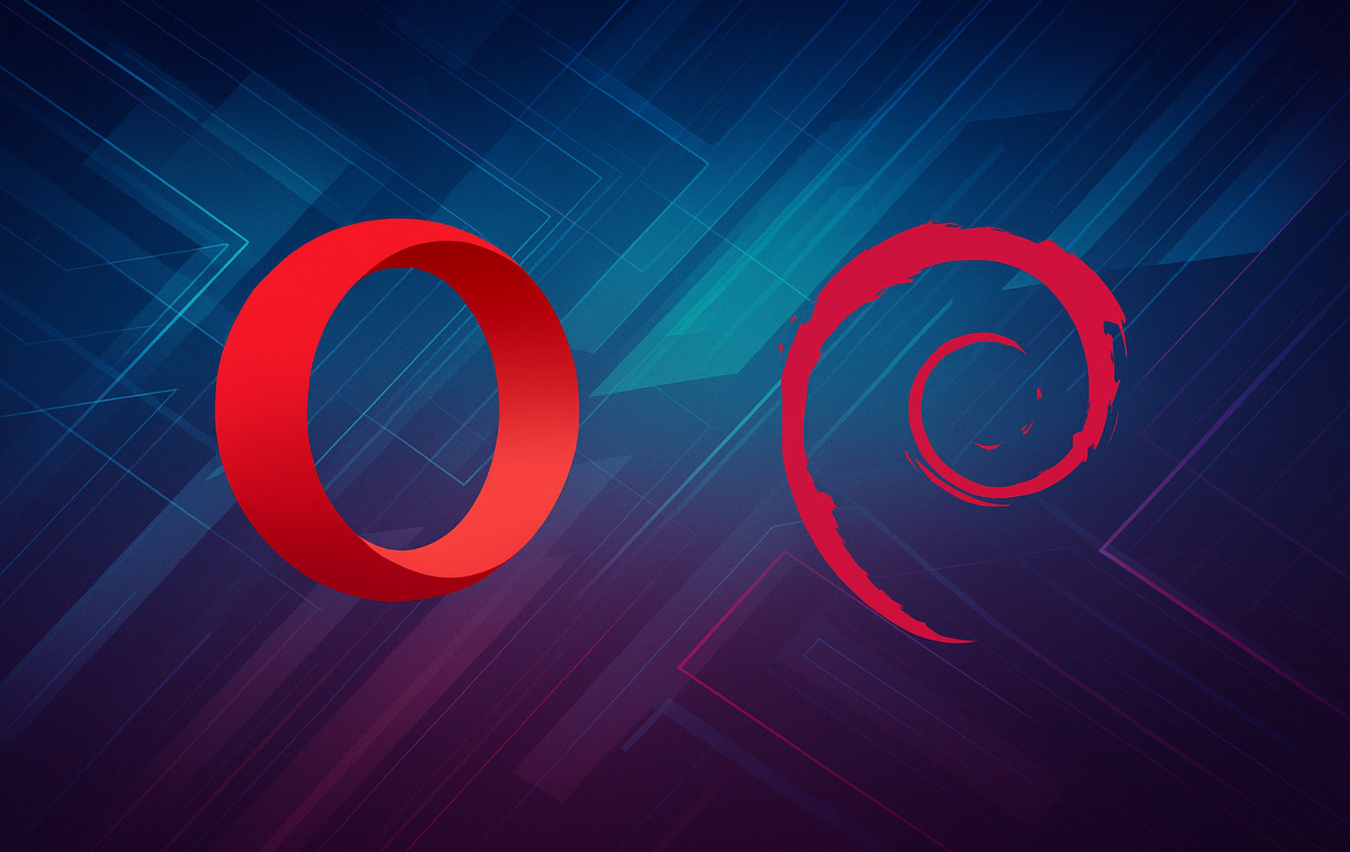 Opera browser logo with red O and stylized swirl on blue gradient tech background