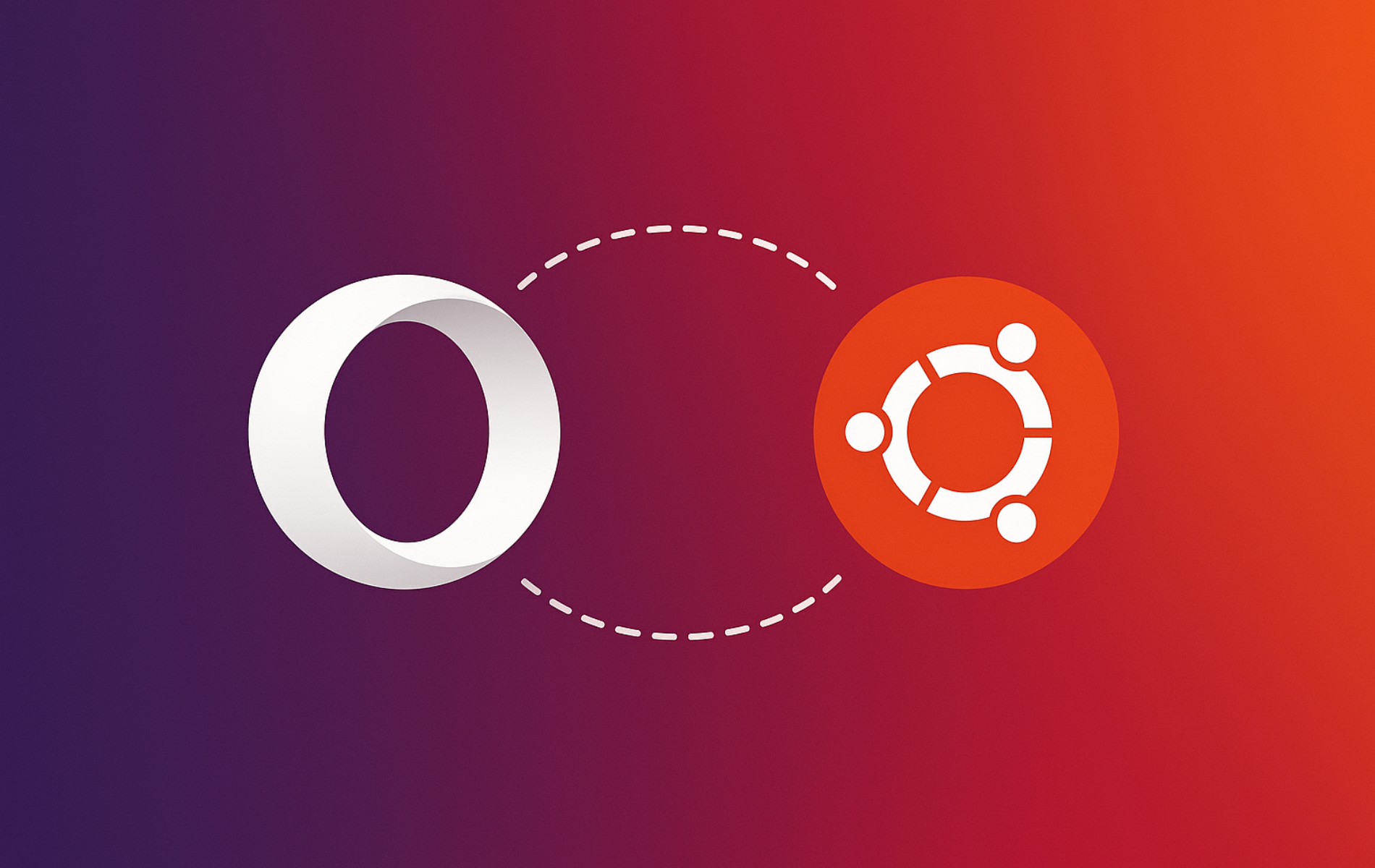 Opera browser logo and Ubuntu logo connected by dashed line on purple to orange gradient background