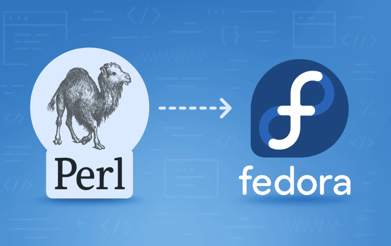 Perl camel logo and Fedora logo with arrow showing Perl installation workflow on Fedora Linux