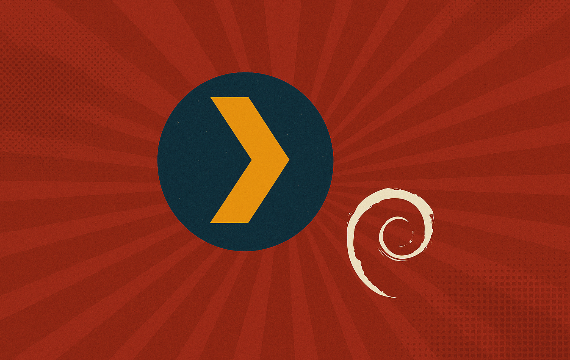 Plex Media Server logo with Debian swirl on red background for installation guide