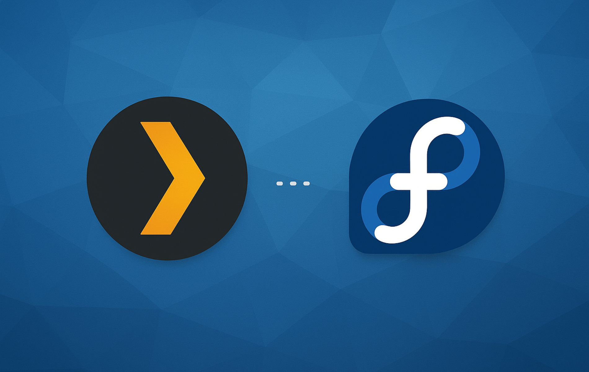 Plex Media Server logo with Fedora Linux logo on blue background.