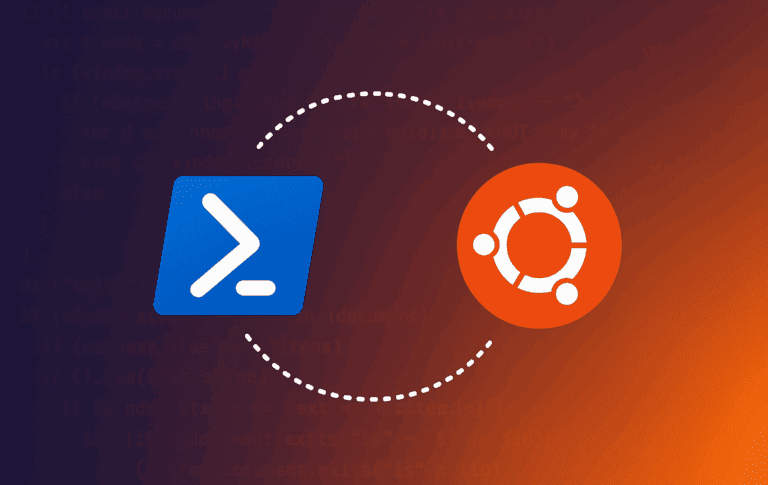PowerShell logo and Ubuntu logo connected with dashed arrows showing cross-platform compatibility