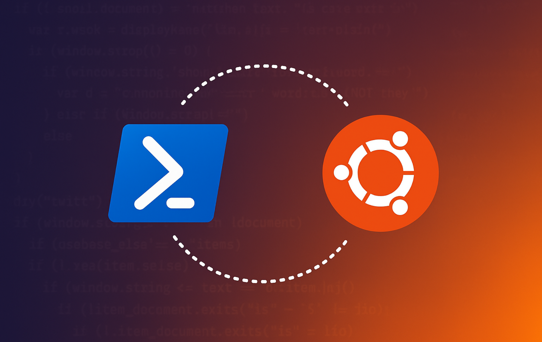PowerShell logo and Ubuntu logo connected with dashed arrows showing cross-platform compatibility
