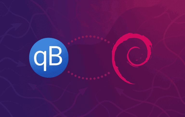 qBittorrent logo connected to Debian logo with dotted line on purple gradient background