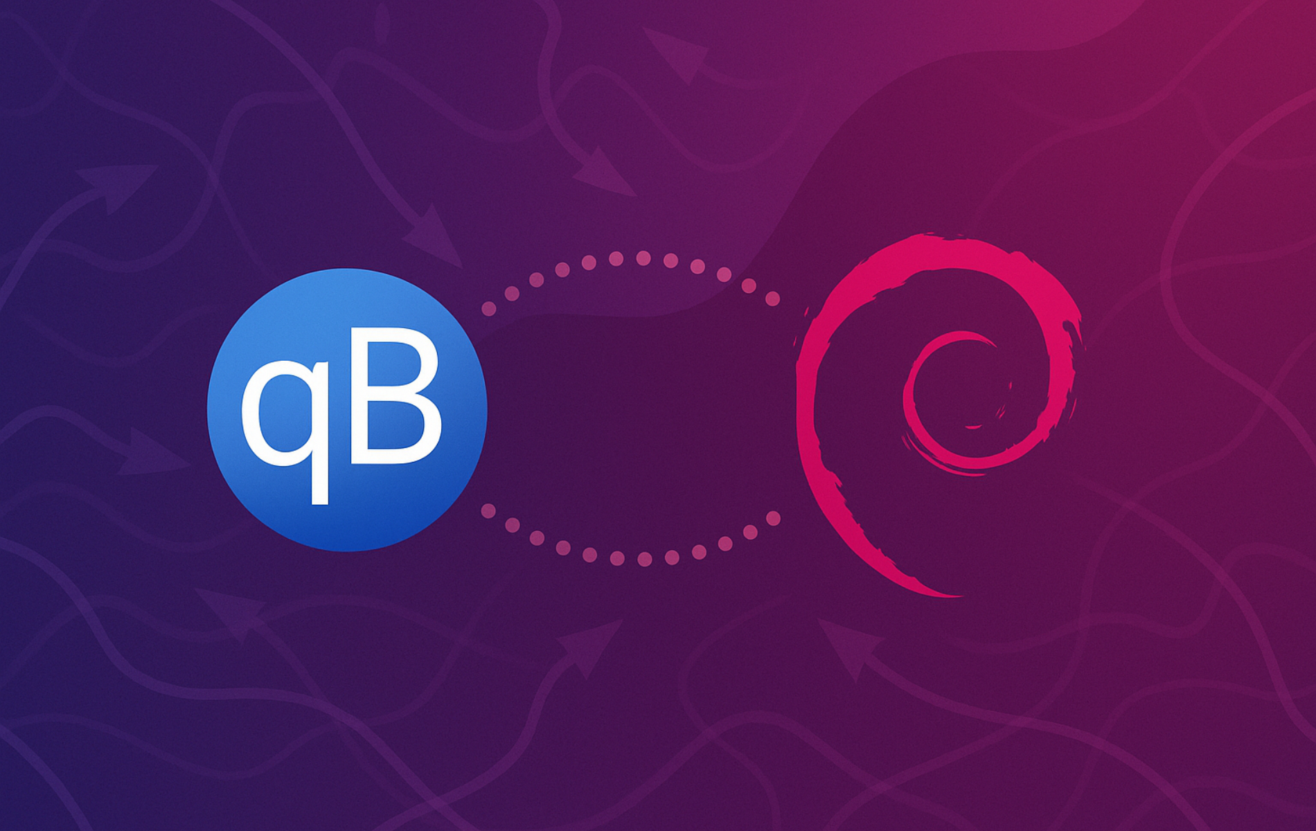 qBittorrent logo connected to Debian logo with dotted line on purple gradient background