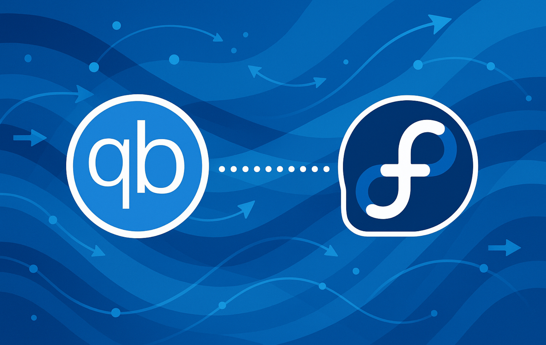 qBittorrent logo and Fedora logo connected with dotted line on blue background with network arrows